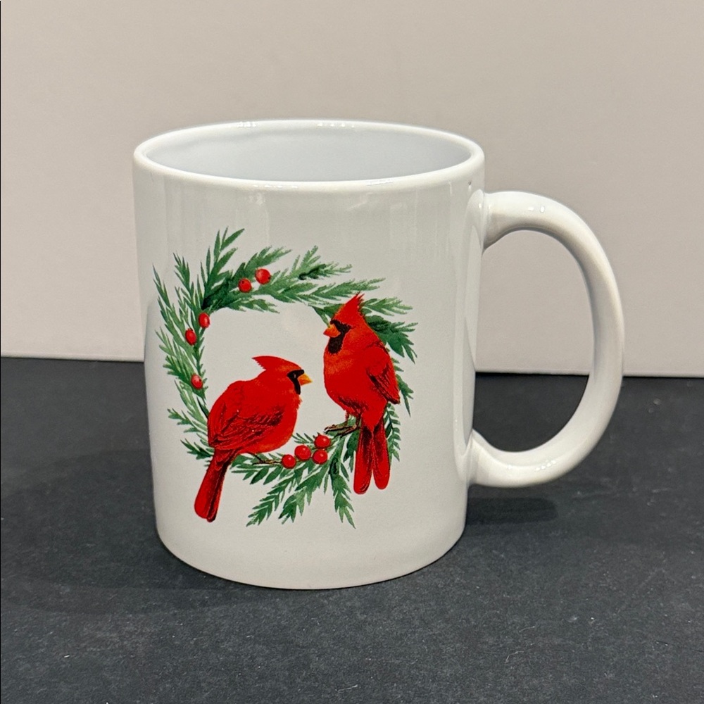 Christmas mug Cardinals perched On Christmas wreath coffee mug
